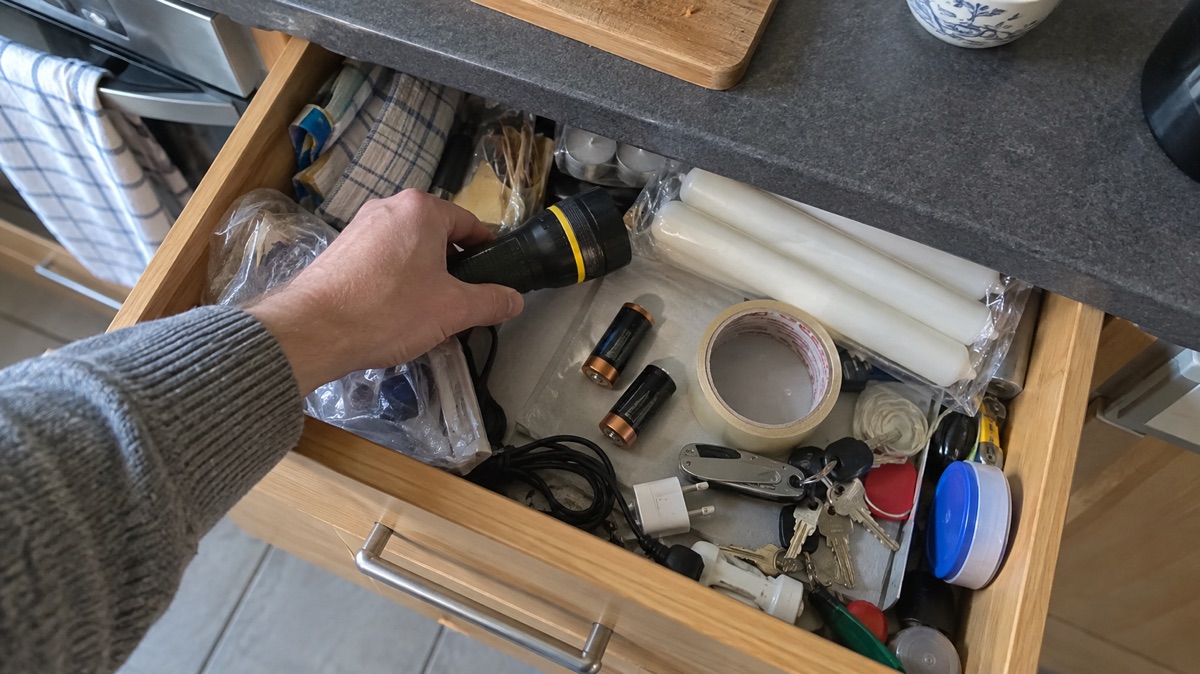 Schublade mit einer einzelnen Taschenlampe und losen Batterien